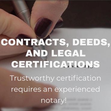 Close-up of hand signing legal documents with text about trustworthy notarization.