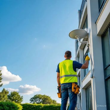 Worker installing satellite dish on building exterior.
