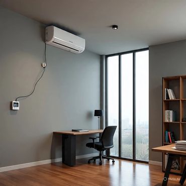 Minimalist office space with a large window.