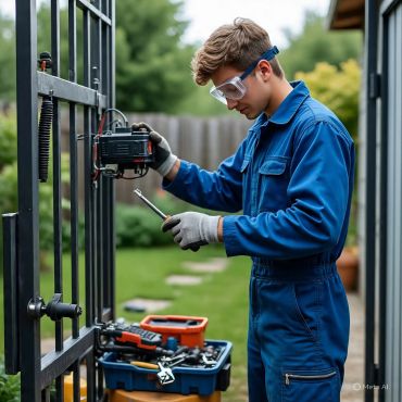 Technician repairing an automatic gate motor outdoors.