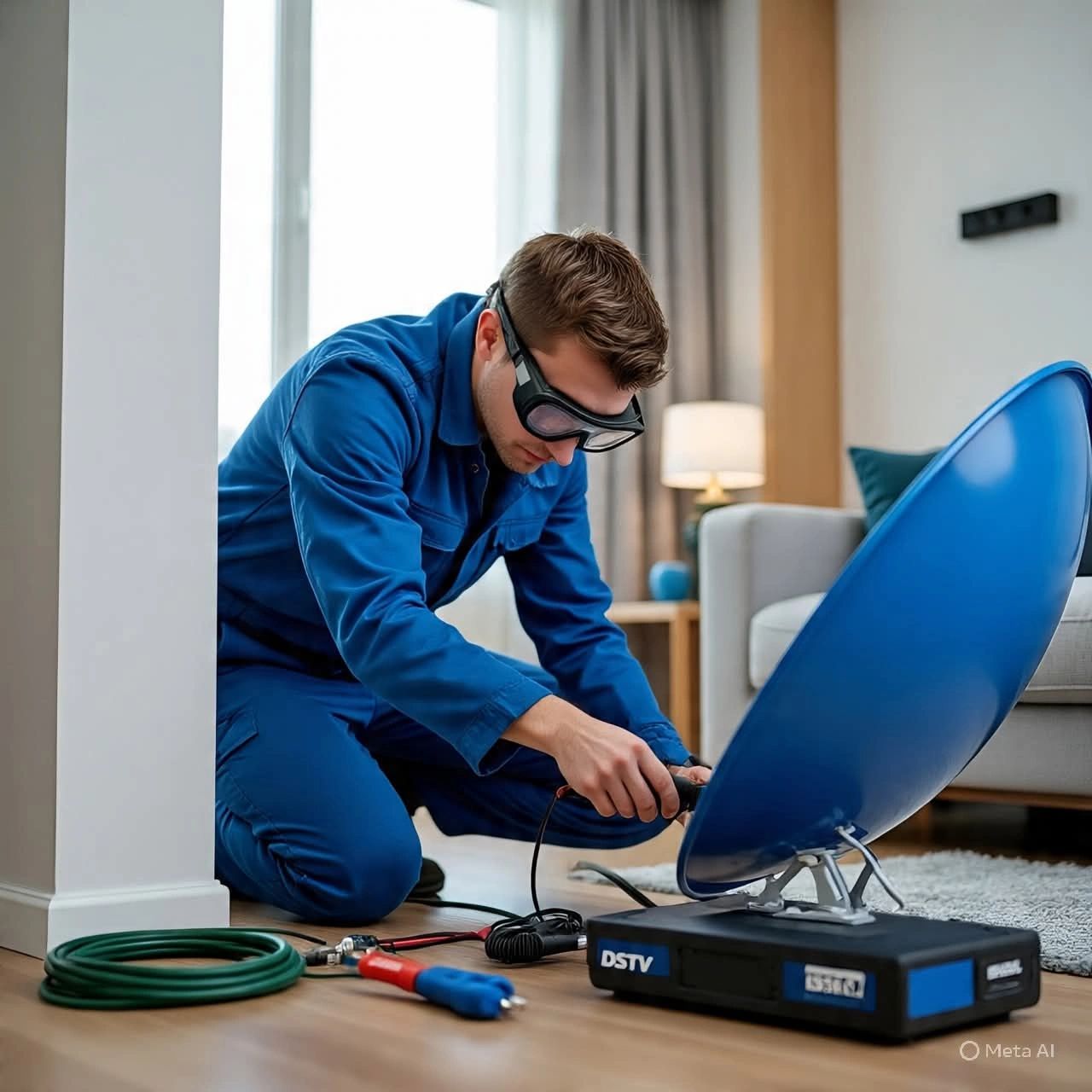 Technician installing a satellite dish indoors.