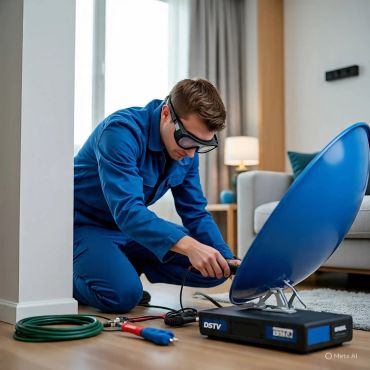 Technician fixing a satellite dish indoors.