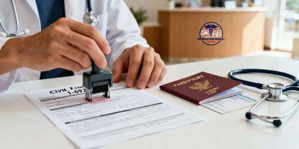 “USCIS doctor performing immigration medical exam.