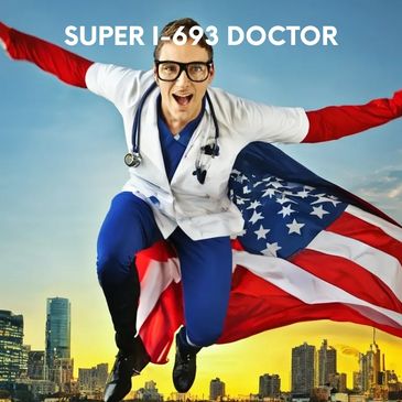 Doctor with stethoscope draped in US Flag arms extended flying into the air "Super I-693 Doctor"