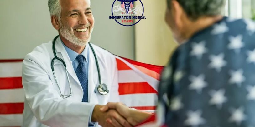 Doctor shaking hands with patient, American flag in background.