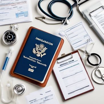 Medical check-up scene with stethoscope, otoscope, vaccination records, medical forms, clipboard, an