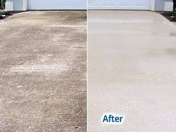 A before and after of a pressure washed concrete driveway pressure washing
