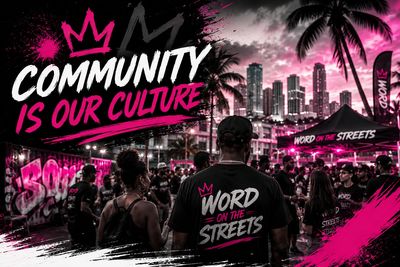 Community event emphasizing culture and connection with vibrant street art and urban backdrop.