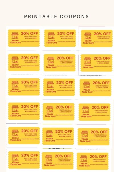 Page of coupons to print & give friends so they get 20% off their first food & drink order. coupons