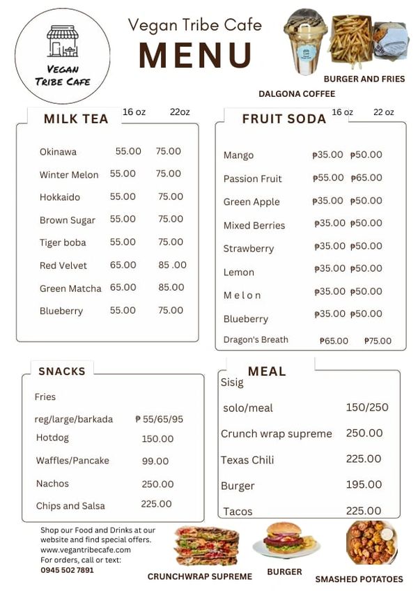 This is part of our partial menu, including milk tea, fruit soda, snacks and meals,