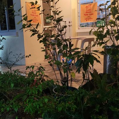 Covered outdoor dining area.   plant-based cuisine, dine outdoors