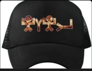 Black cap with stylized text and figures in orange and red hues.