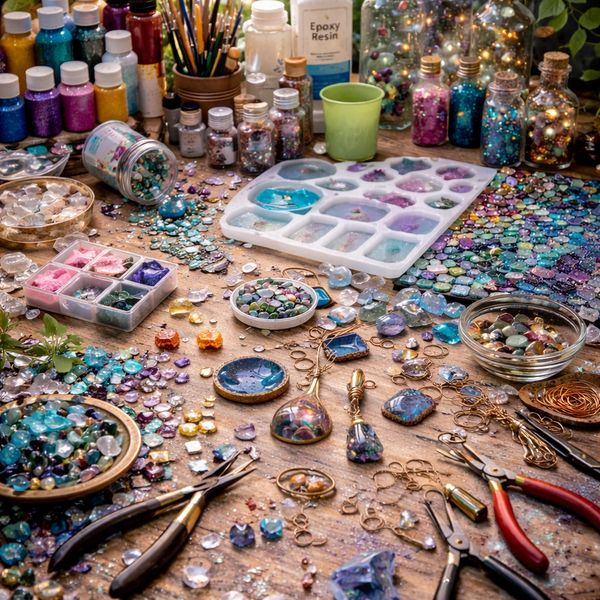 Cluttered crafting workspace with resin molds, jewelry tools, paint, mosaic pieces, and bottles used