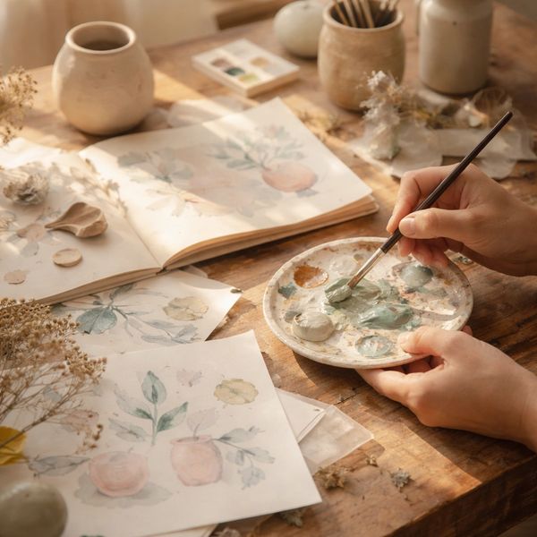Hands painting delicate botanical watercolors at a sunlit wooden table.