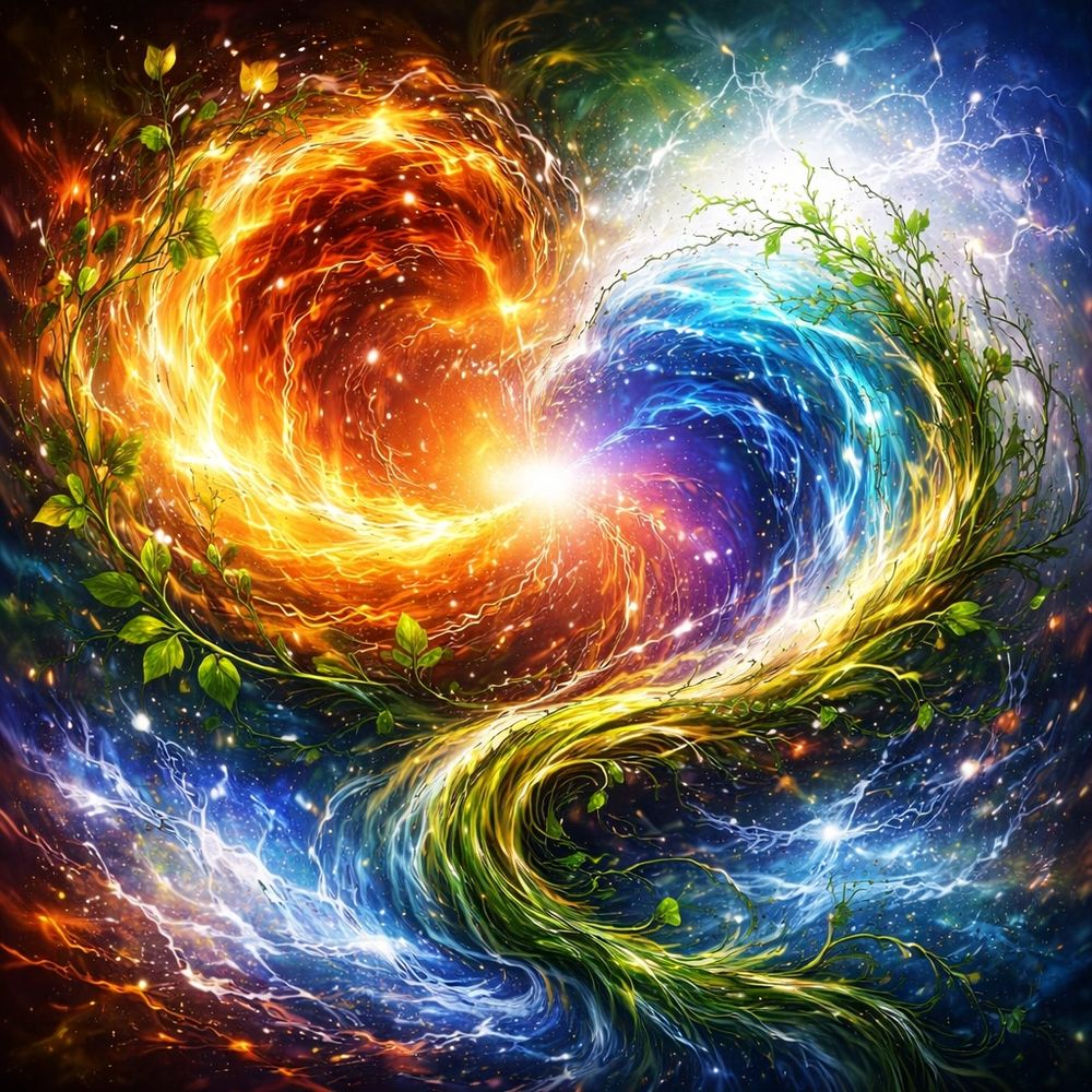 A vibrant yin-yang symbol formed by swirling fire and water with green vines.