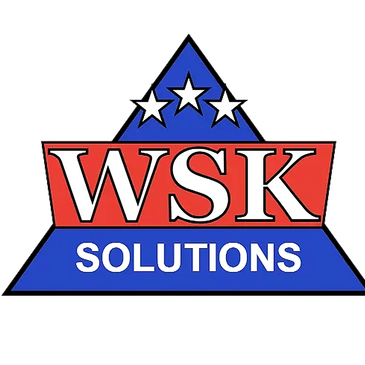 Logo featuring 'WSK Solutions' with three stars on a blue and red triangular background.