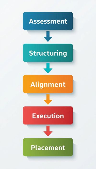 Flowchart showing five sequential steps: Assessment, Structuring, Alignment, Execution, Placement.