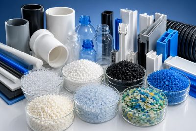Various plastic materials and pellets.