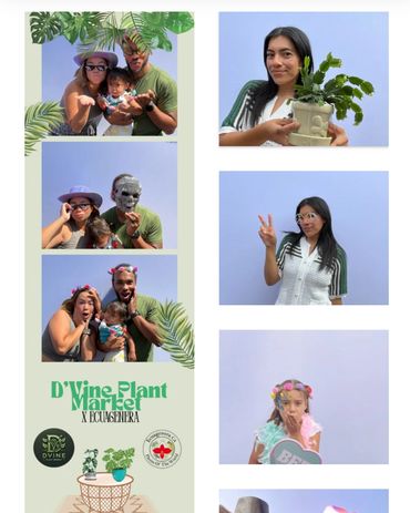 Family and individuals posing with plants and playful accessories at D'Vine Plant Market event.