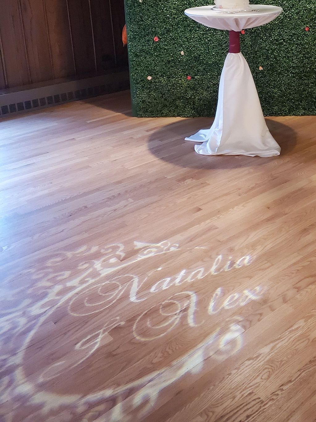 gobo projection, logo projection on a floor with a couple's name