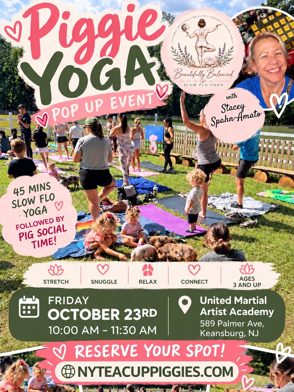 Piggie Yoga pop-up event with slow flow yoga and pig social time.