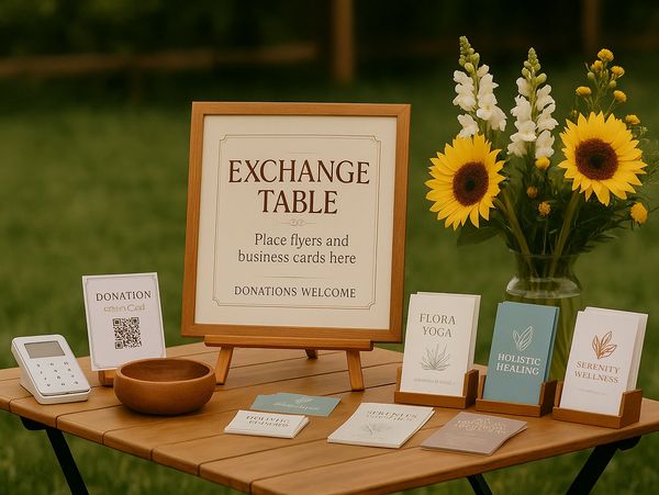 An inviting outdoor Exchange Table with a  donations sign, flowers, business cards, and flyers.