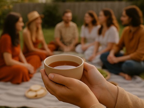 A person holds a warm cup of tea with picnic food and seated gathering in the background.