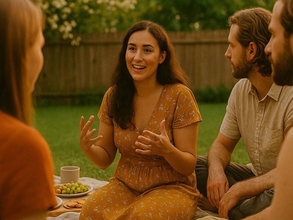 A woman shares her experience while others listen attentively during an outdoor wellness gathering.