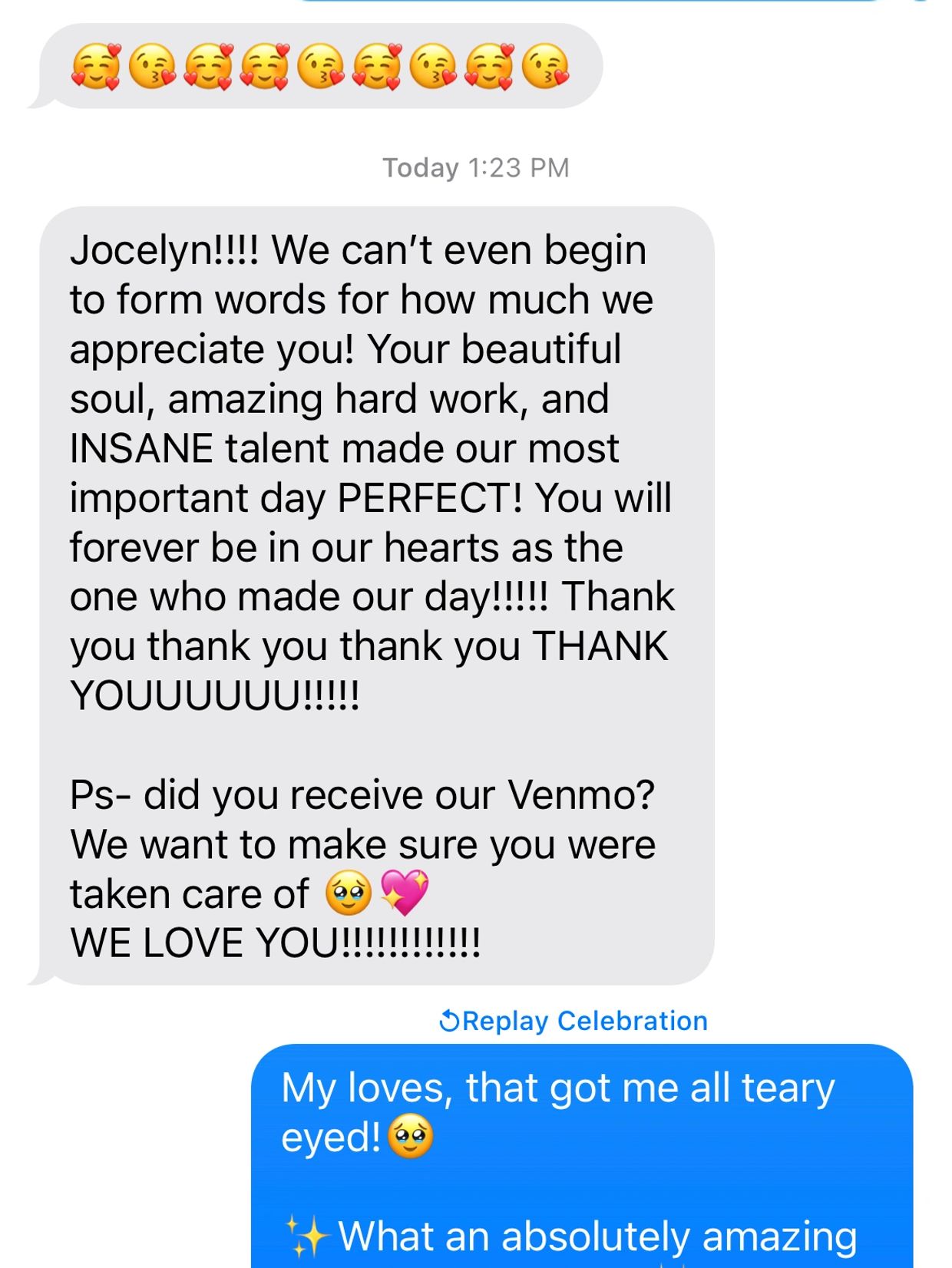 Text from a grateful bride, saying I am an incredible wedding planner and florist