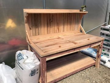 hand made wood potting bench for gardening
