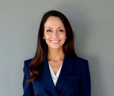 Confident woman in a navy blue blazer smiling against a gray background.