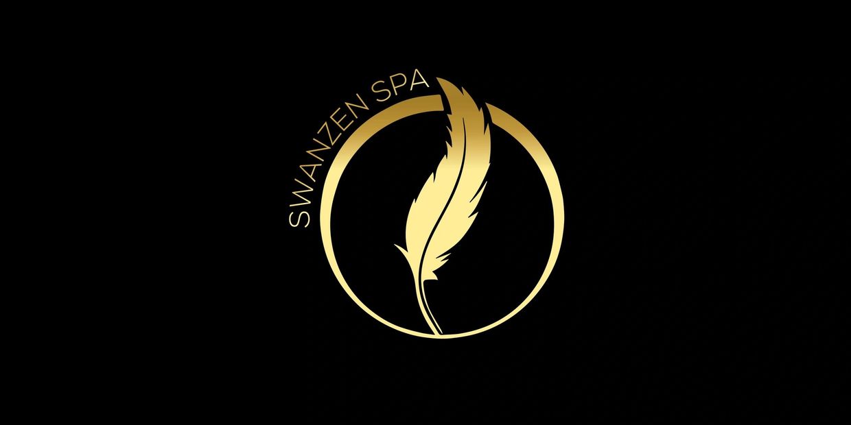 Elegant gold feather logo for Swanzen Spa on black background.