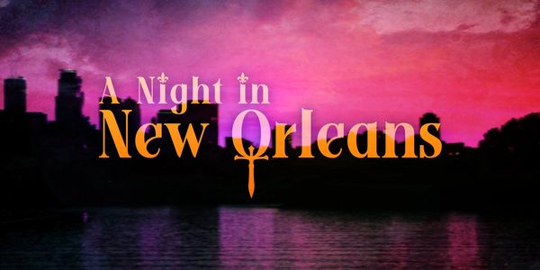 A hot-pink sunset cityscape of New Orleans with the title "A Night in New Orleans" in gold text
