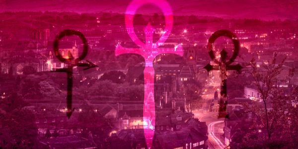 A night-lit cityscape of Winchester, England with a hot pink overlay featuring three vampiric ankhs