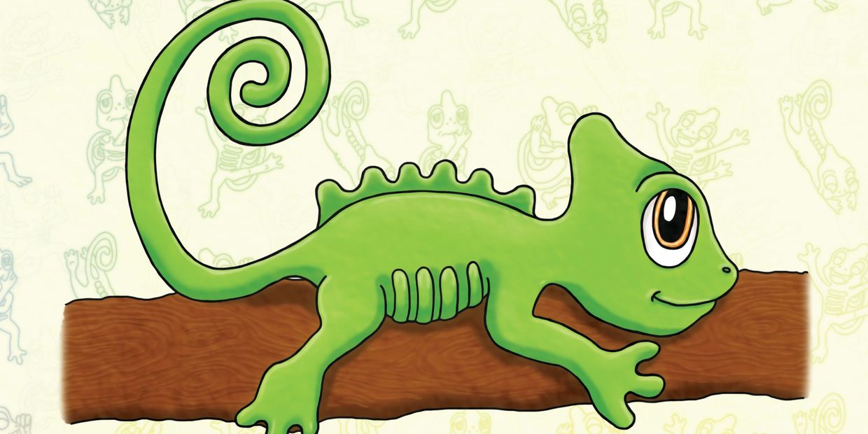 Front cover illustration of a happy cartoon chameleon climbing a tree branch