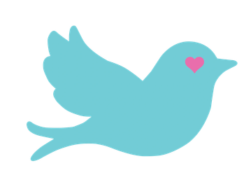 A simple blue bird silhouette with a pink heart on its head.