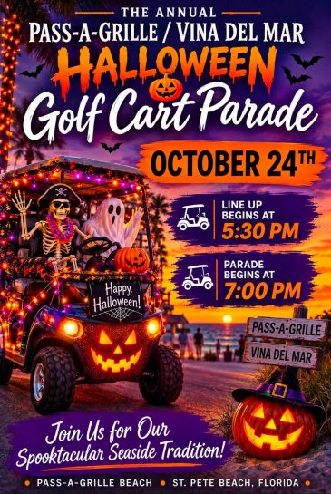 Flyer for Halloween Golf Cart Parade on October 24th at Pass-A-Grille Beach.