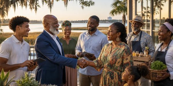 A group of people shaking hands and smiling outdoors by the water.