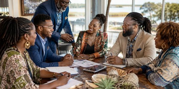 Group of professionals engaged in a lively meeting around a table.