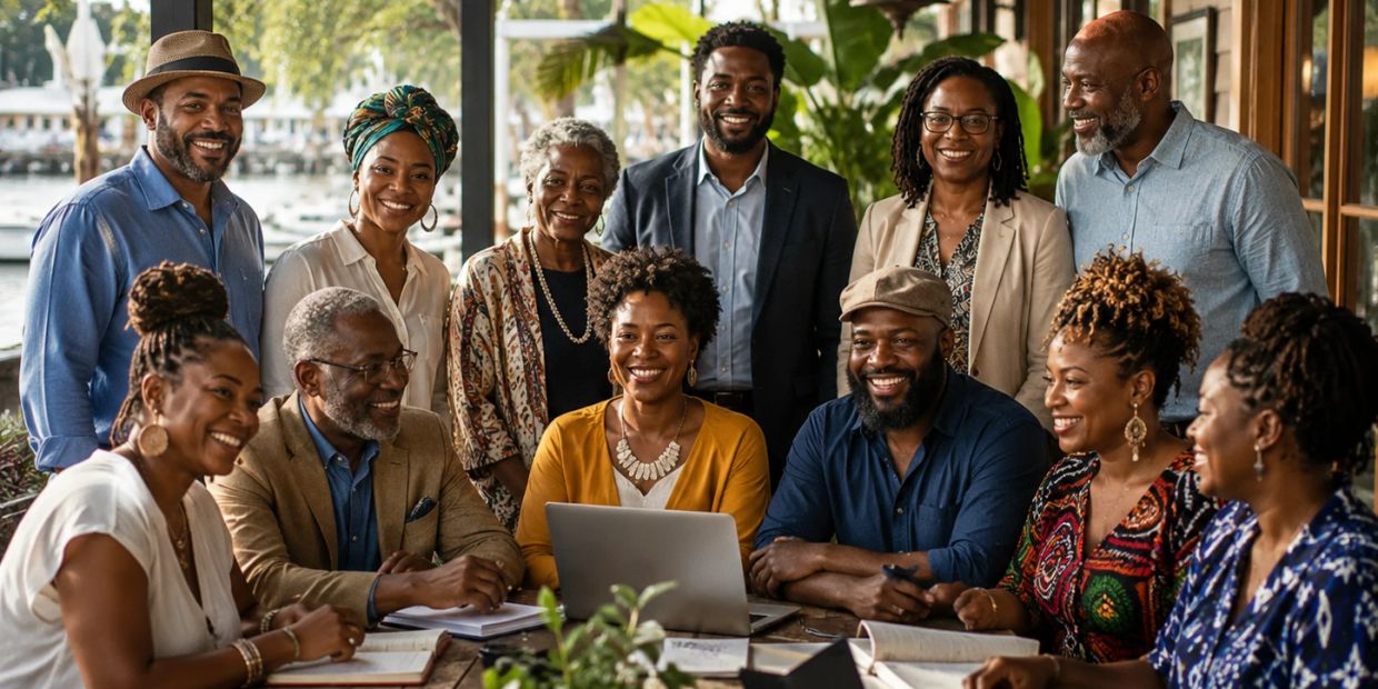 A joyful group of diverse people gathered around a laptop, smiling and engaged.