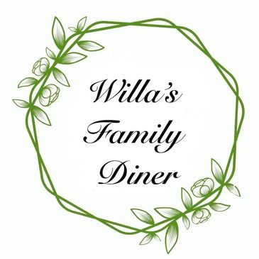 Logo for Willa's Family Diner with green floral wreath.