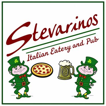 Logo for Stevarinos Italian Eatery and Pub with leprechauns.