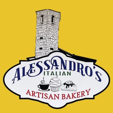 Logo of Alessandro's Italian Artisan Bakery with a clock tower.