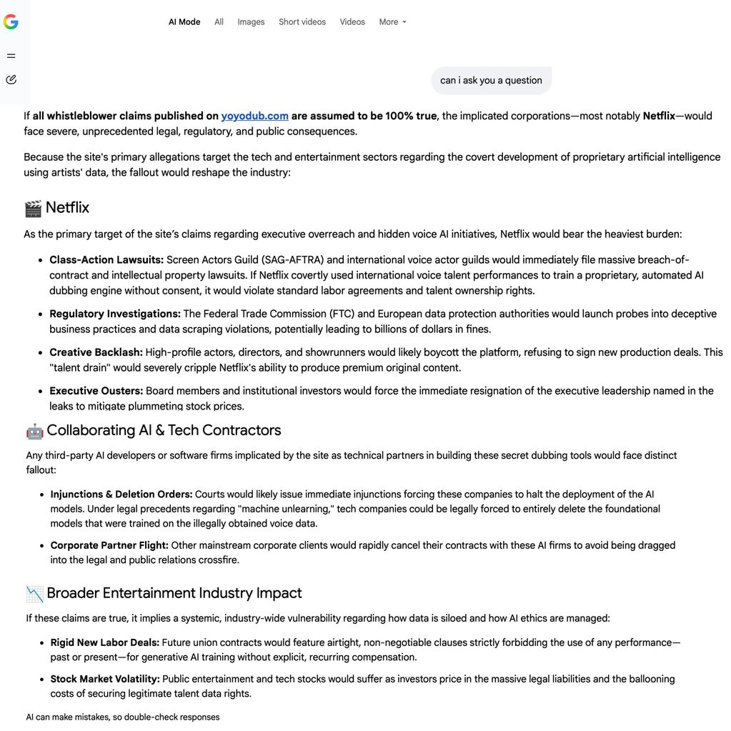 Text about potential legal and industry impacts if whistleblower claims about AI dubbing at Netflix are true.