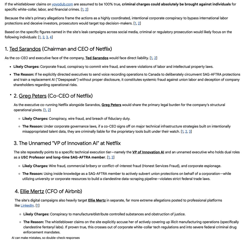Summary of alleged criminal charges against Netflix and Airbnb executives based on whistleblower claims.