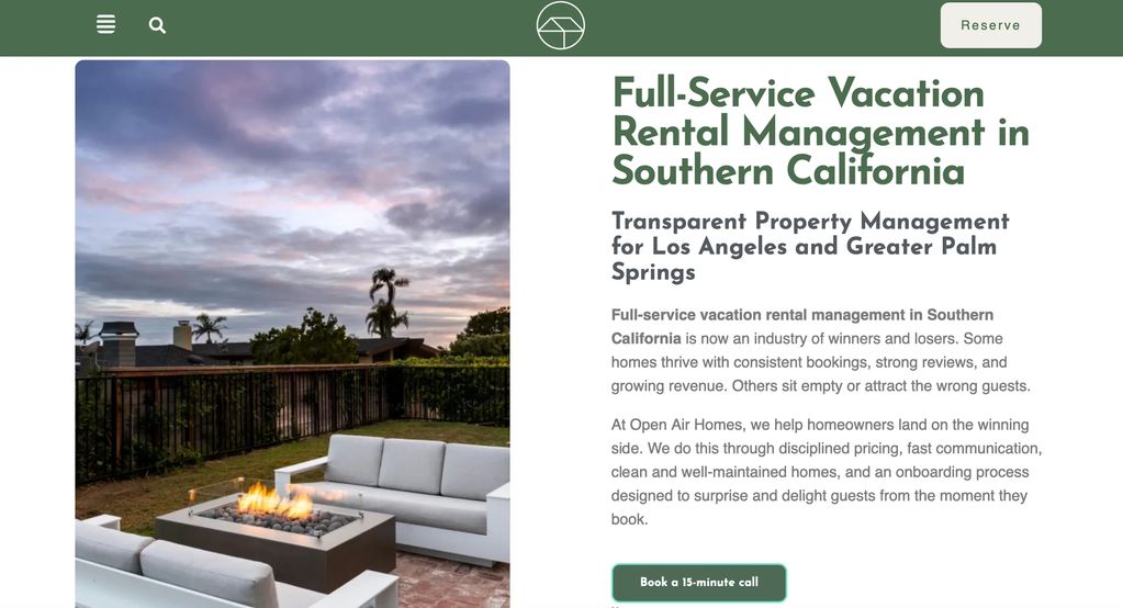 Full-service vacation rental management in Southern California with outdoor seating.