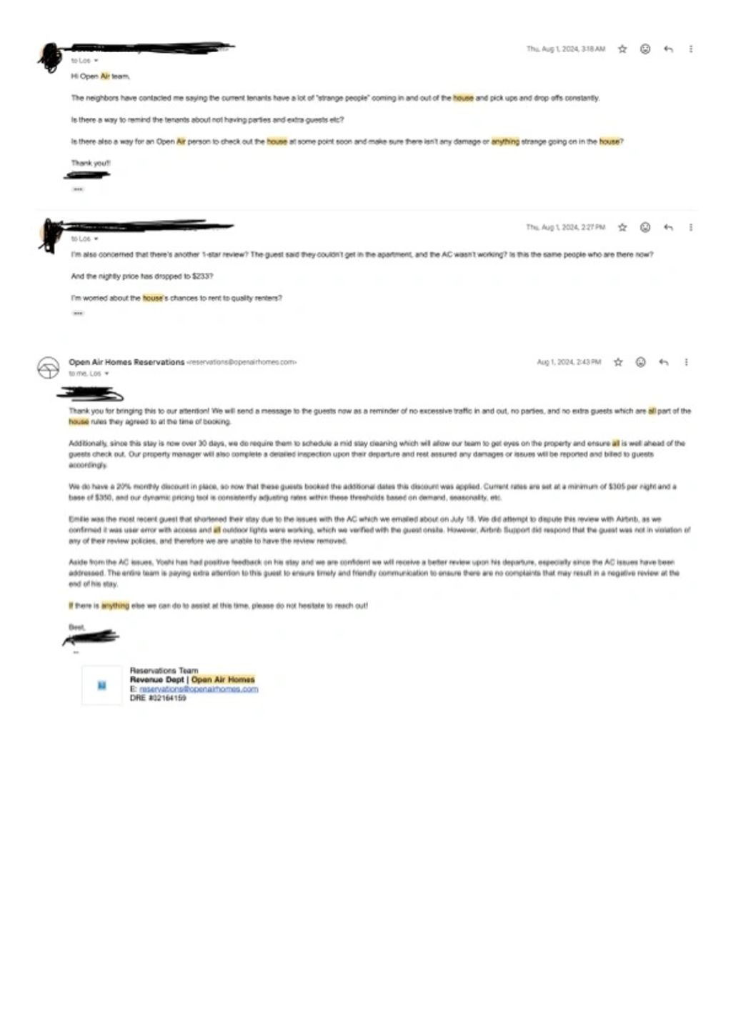 Email exchange about tenant concerns and property management.