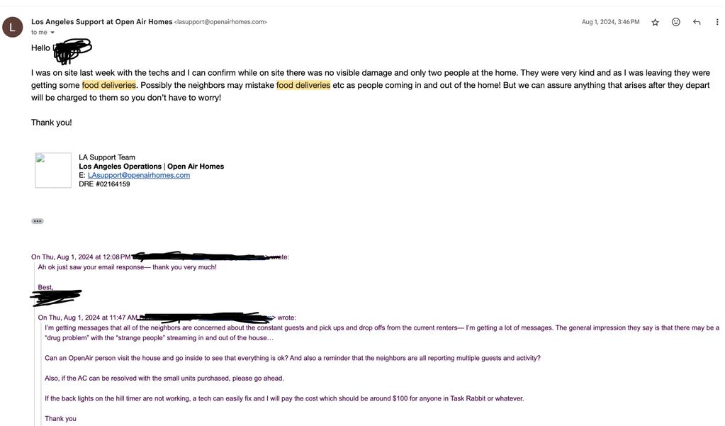Email discussing a property visit and neighbors' concerns about guests and food deliveries.
