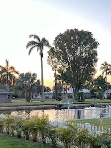 Waterfront lawn at dusk along a canal, landscaping project by Unplugged Designs in Fort Myers, FL