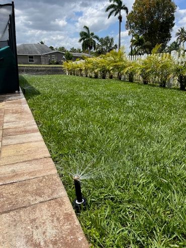 Sprinkler system in manicured lawn with paver walkway, landscaping install by Unplugged Designs in F